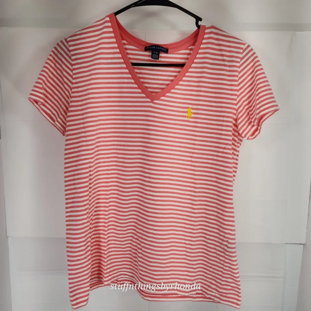Ralph Lauren Girls/Youth Large Tshirt Stripe Raspberry Pink‎ White Short Sleeve